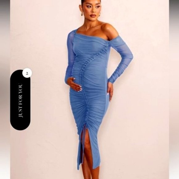 Club London- Sweet Dreams Powder Blue Maternity Dress, Asymmetric Ruched Dress - Picture 1 of 2